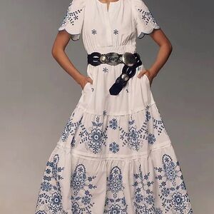 Anthropologie Somerset Maxi Dress Eyelet Edition White Blue Tiered NEW